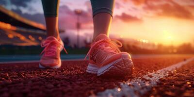 ai generado determinado corredor a puesta de sol en pista campo - un historia de atlético perseverancia y formación foto