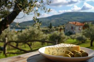 ai generado disfrutando un rebanada de queso y croata aceitunas con un rústico campo ver Perfecto para gastrónomo viaje foto