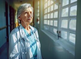 AI generated Confident Senior Female Doctor in Hospital Corridor Representing Healthcare Professionals photo