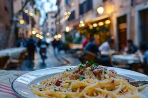 ai generado clásico italiano espaguetis carbonara en el encantador trastevere distrito de Roma foto