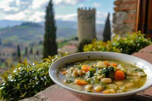 ai generado rústico ribollita sopa con un escénico fondo de medieval torres en el toscano colinas foto