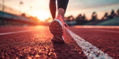 ai generado determinado corredor a puesta de sol en pista campo - un historia de atlético perseverancia y formación foto