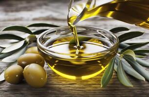 AI generated Pouring Golden Olive Oil into Glass Bowl Amidst Fresh Olives and Leaves photo