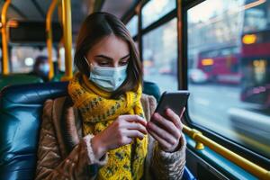 ai generado urbano viajero diario al trabajo absorto en móvil teléfono mientras vistiendo un cara mascarilla, reflejando todos los días vida y conectividad foto