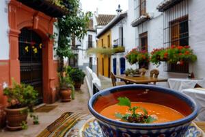 ai generado andaluz salmorejo servido en un cuenco con el paredes blancas encanto de Andalucía como fondo foto