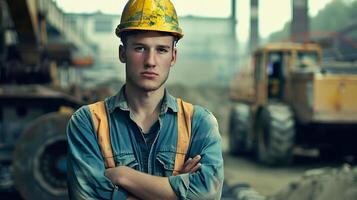 AI generated Portrait of a working man in a uniform and a hard hat. AI Generated photo