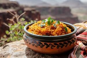 AI generated Aromatic Malian Jollof Rice Served in a Traditional Clay Pot Against a Canyon Backdrop photo