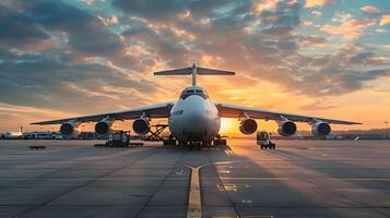 AI generated A cargo plane at the airport docks loads or unloads cargo. AI Generated photo