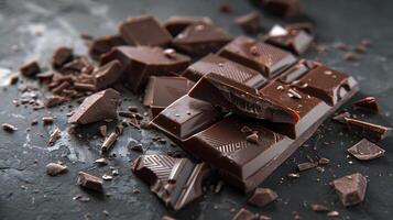 AI generated Sweet dark chocolate bar broken into pieces. AI Generated photo