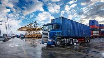 ai generado camión remolque en el muelle en el carga Puerto terminal con grúas y contenedores ai generado foto