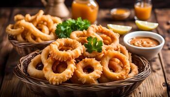 AI generated Fried calamari rings in wicker basket and dip sauce photo