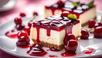 AI generated Cold cheesecake with cherry jelly. photo