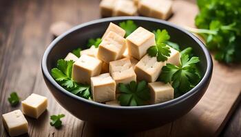 ai generado tofu cubitos en cuenco y perejil foto