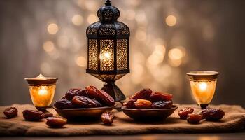 AI generated Ramadan lamp and dates still life photo