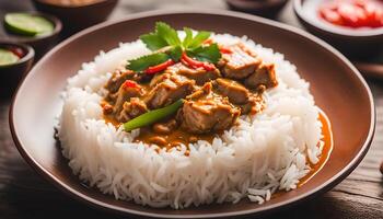 AI generated Red curry with pork and rice , Thai food photo