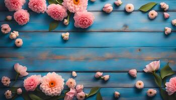 AI generated Beautiful flowers on blue wooden background photo