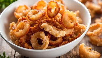 AI generated Pork rind, pork crackling in white bowl photo