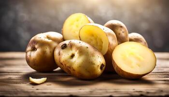 AI generated Potato and slices on wooden table photo