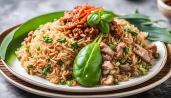 ai generado albahaca frito arroz con Cerdo , tailandés comida foto