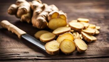 AI generated Ginger root sliced on wooden table photo