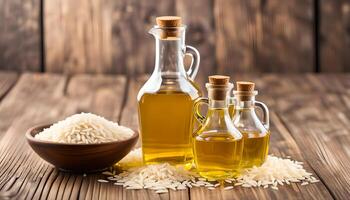 AI generated Rice bran oil in bottle glass and unmilled rice on wooden background photo