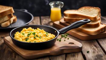 AI generated Scrambled egg in frying pan and toast on wooden table photo