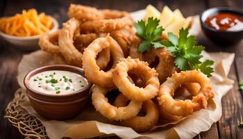 AI generated Fried calamari rings in wicker basket and dip sauce photo