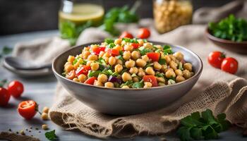 AI generated Chickpea salad in bowl, healthy vegan food photo