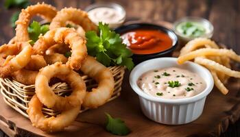 AI generated Fried calamari rings in wicker basket and dip sauce photo