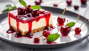 AI generated Cold cheesecake with cherry jelly. photo