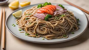 AI generated Soba noodles on plate, Japanese food photo