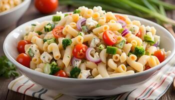 ai generado macarrones ensalada con codo pasta y vegetales en cuenco foto