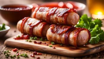 AI generated Sausages wrapped with bacon and dipping sauce photo