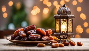 AI generated Ramadan lamp and dates still life photo