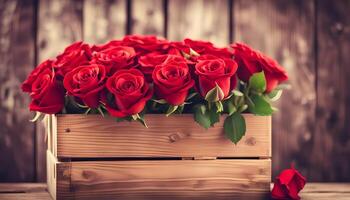 AI generated Bouquet of red roses in bucket on wooden crate  filtered image photo