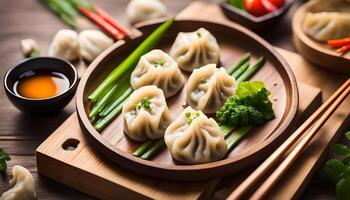 AI generated Steamed dumplings on wooden plate photo