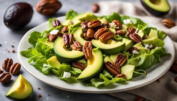 AI generated Salad with avocado and pecans. photo