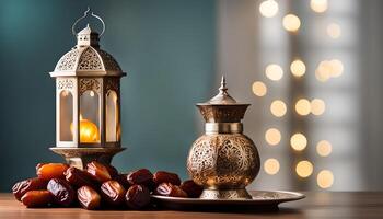 AI generated Ramadan lamp and dates still life photo