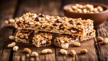 AI generated Granola bars on wooden table and peanuts photo