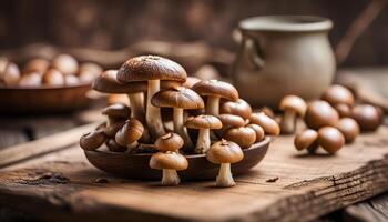 AI generated Shiitake mushroom on wooden table photo