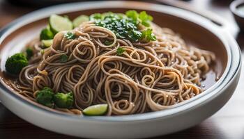 AI generated Soba noodles on plate, Japanese food photo