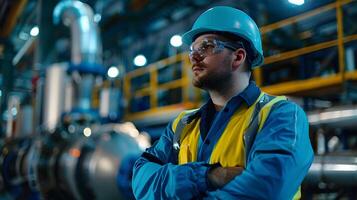 AI generated Portrait of a working man in a uniform and a hard hat. AI Generated photo