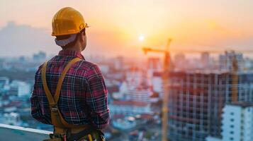 AI generated A man, a worker, a builder by profession, in a uniform and a helmet. AI Generated photo