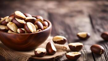 AI generated Brazil nuts in wooden bowl photo