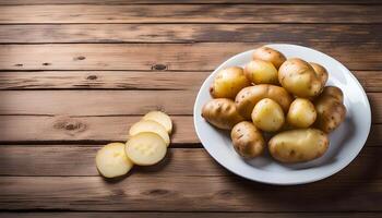 AI generated Potato and slices on wooden table photo