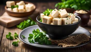 AI generated Tofu cubes in bowl and parsley photo