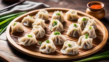 AI generated Steamed dumplings on wooden plate photo