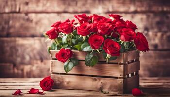 AI generated Bouquet of red roses in bucket on wooden crate  filtered image photo