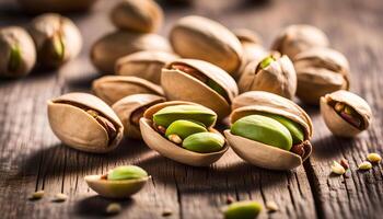 AI generated Pistachios on wooden table photo