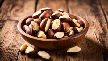 AI generated Brazil nuts in wooden bowl photo